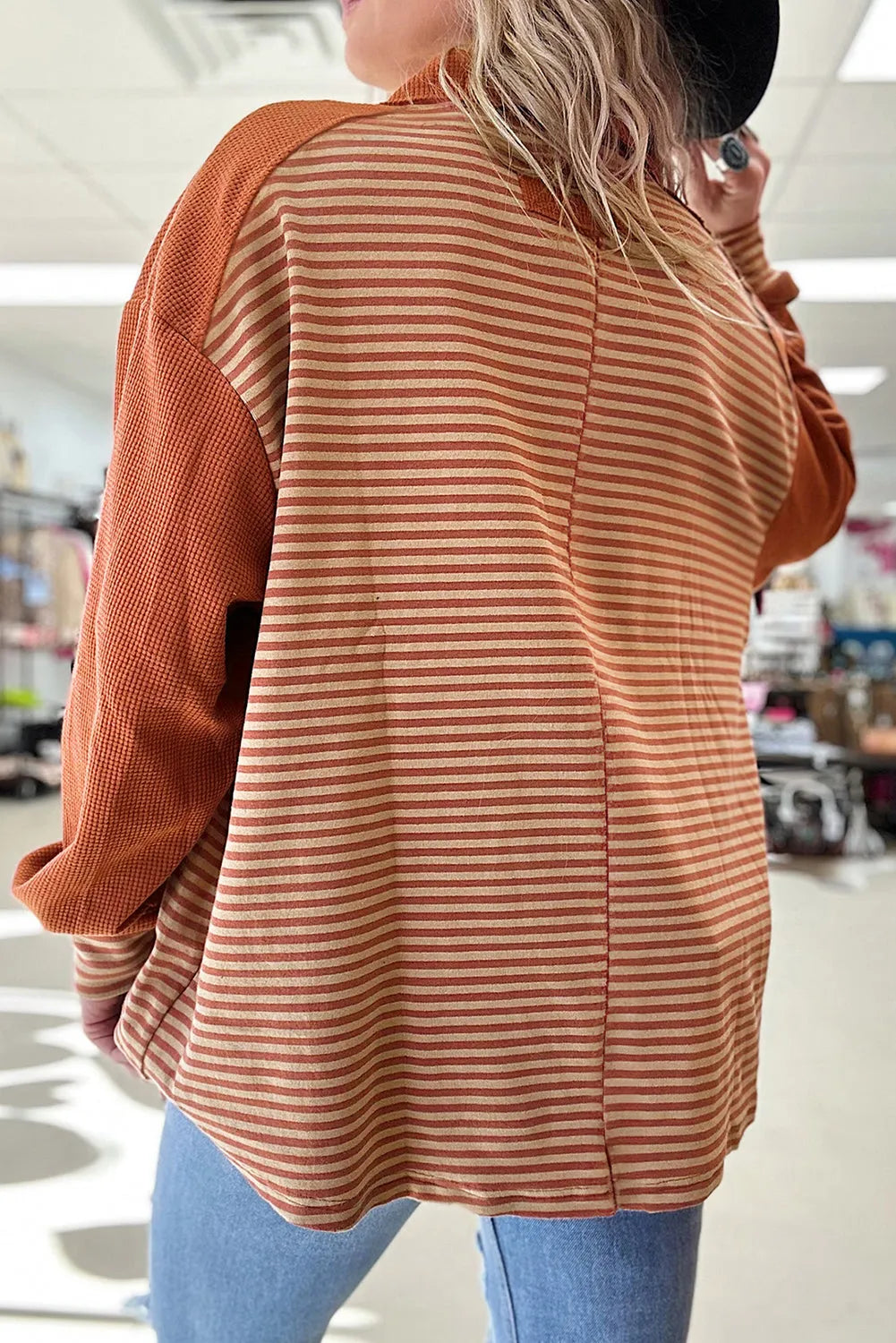 Red Stripe Textured Patched Drop Shoulder Buttoned Plus Size Sweatshirt - Chic Meadow Boutique 