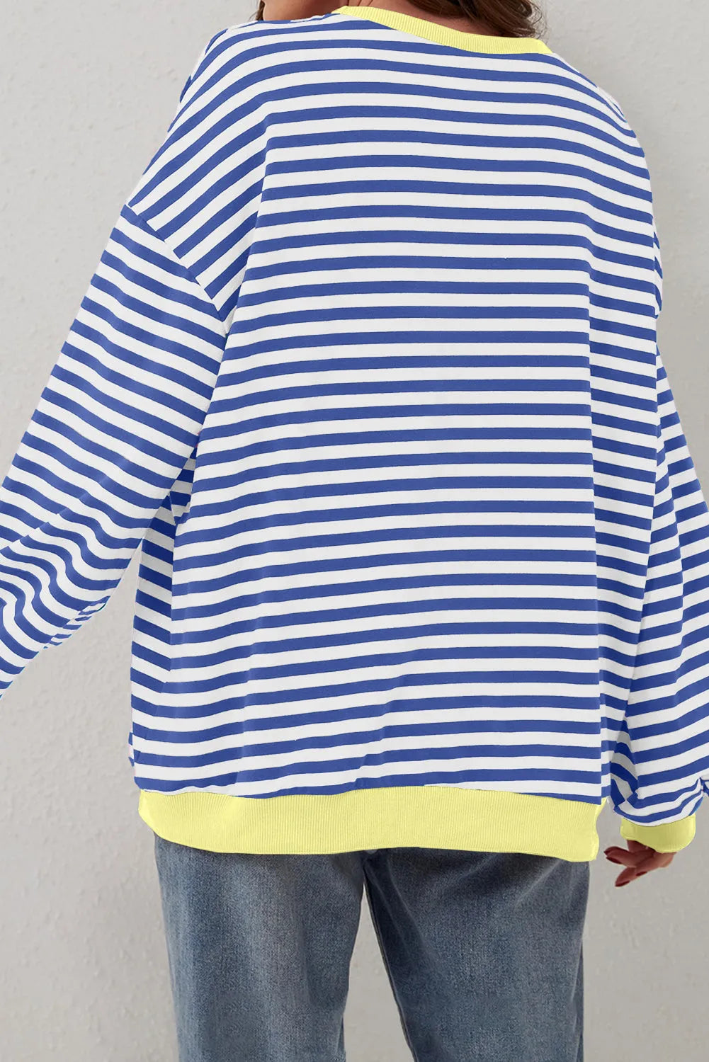 Blue Stripe Oversized Contrast Trim Pullover Sweatshirt - Chic Meadow Boutique 