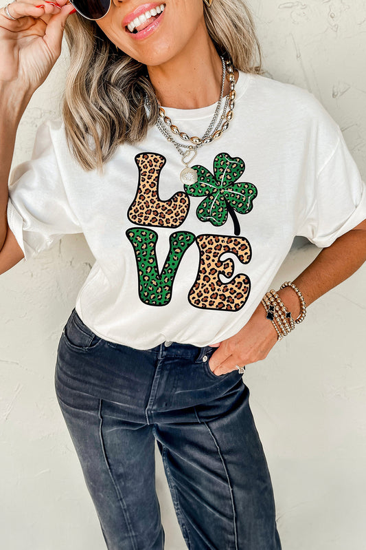 White Cheetah Clover LOVE Graphic St. Patricks Crewneck Tee