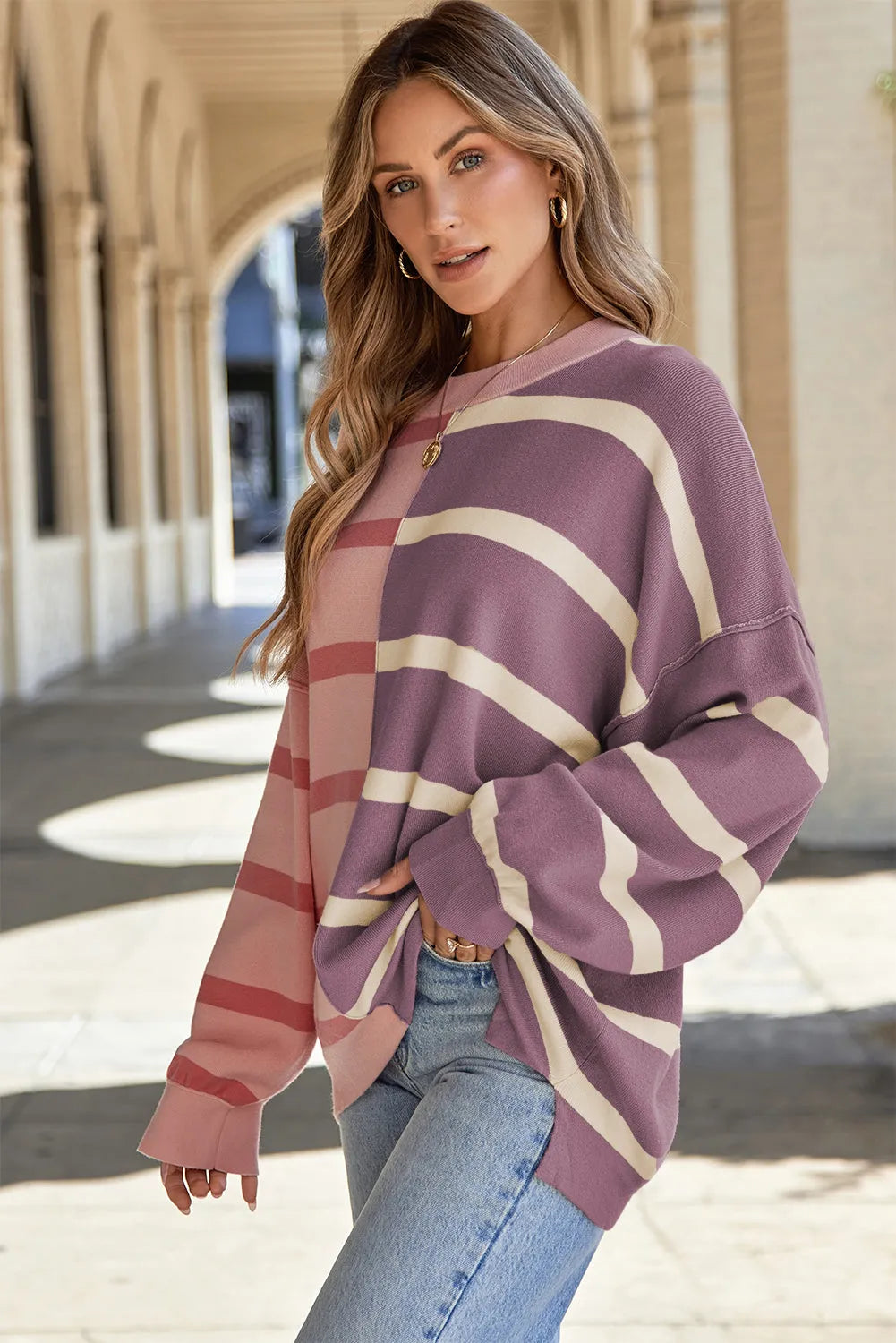 Pink Stripe Colorblock Oversized Sweater - Chic Meadow Boutique 