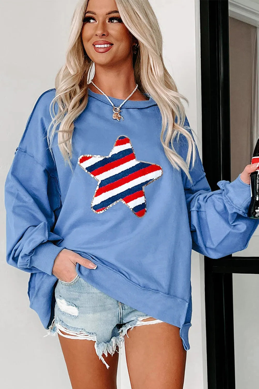 Sky Blue Sequin Trim Embroidered Star USA Pattern Sweatshirt - Chic Meadow Boutique 