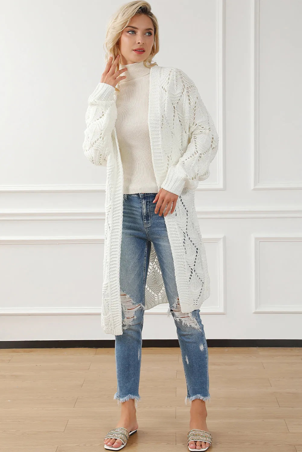 White Rhombus Hollowed Knit Open Front Cardigan - Chic Meadow Boutique 