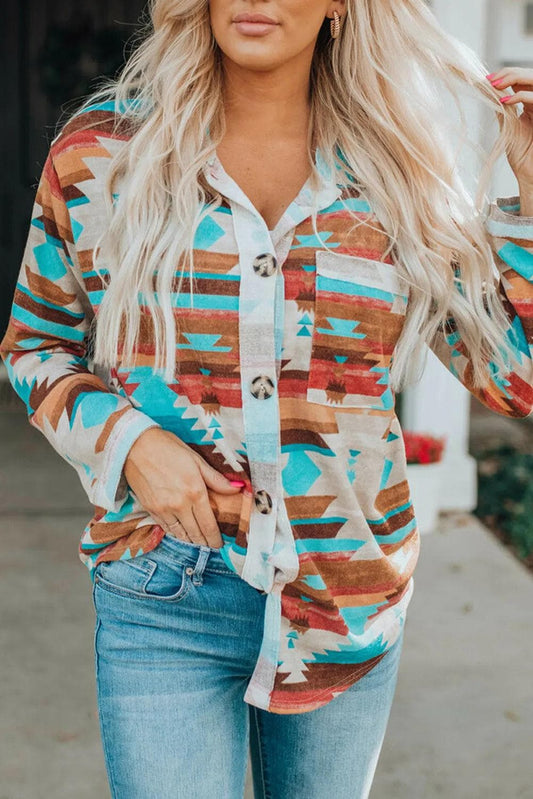 Tops/Blouses & Shirts Multicolor / S / 95%Polyester+5%Elastane Multicolor Aztec Print Buttoned Pocket Chest Long Sleeve Shirt