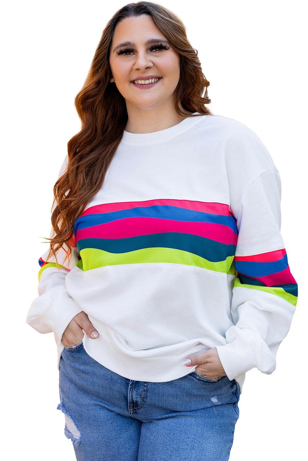 Plus Size/Plus Size Sweatshirts & Hoodies White Plus Size Colorful Striped Drop Shoulder Loose Sweatshirt