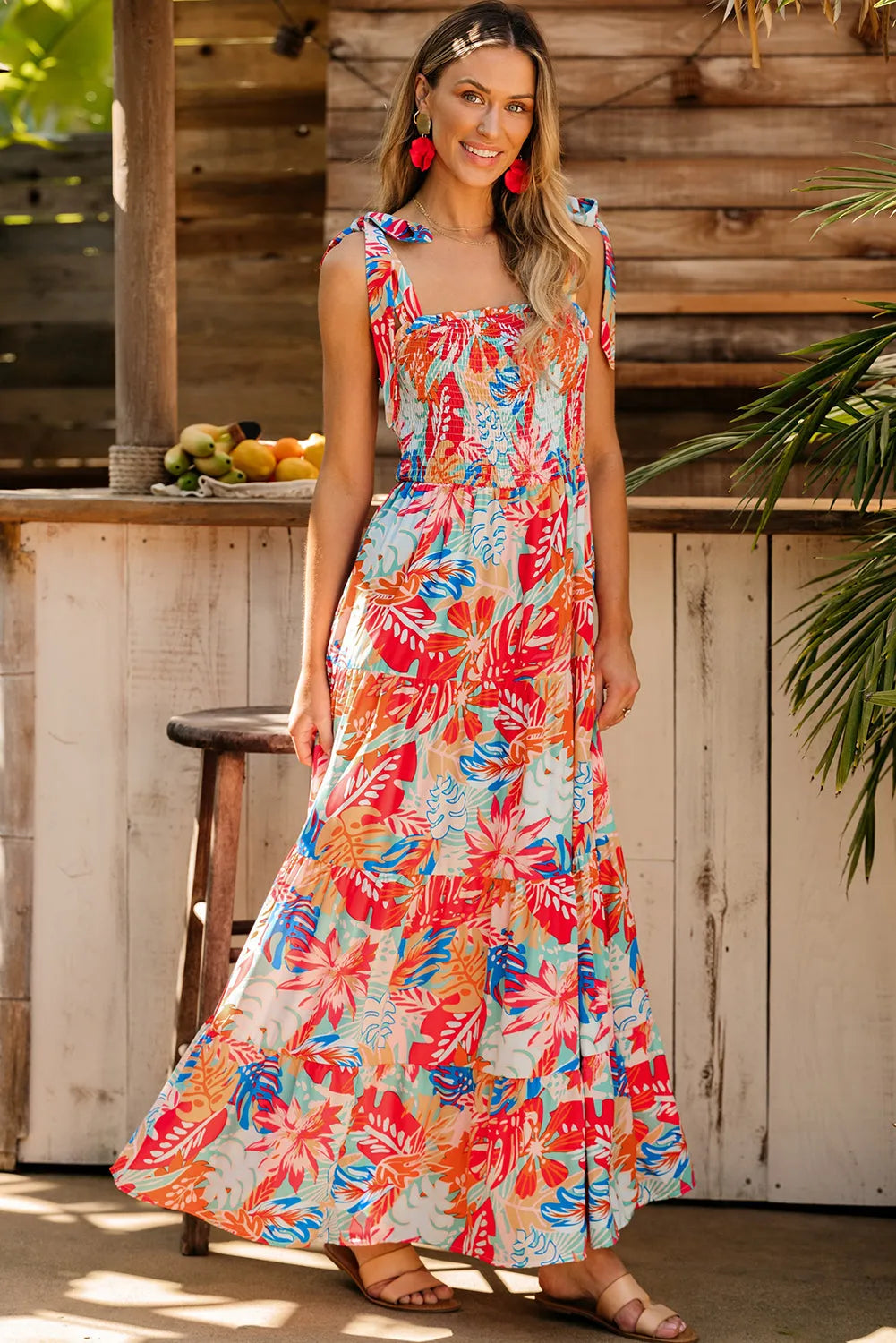 Multicolor Vibrant Tropical Print Smocked Ruffle Tiered Maxi Dress - Chic Meadow Boutique 