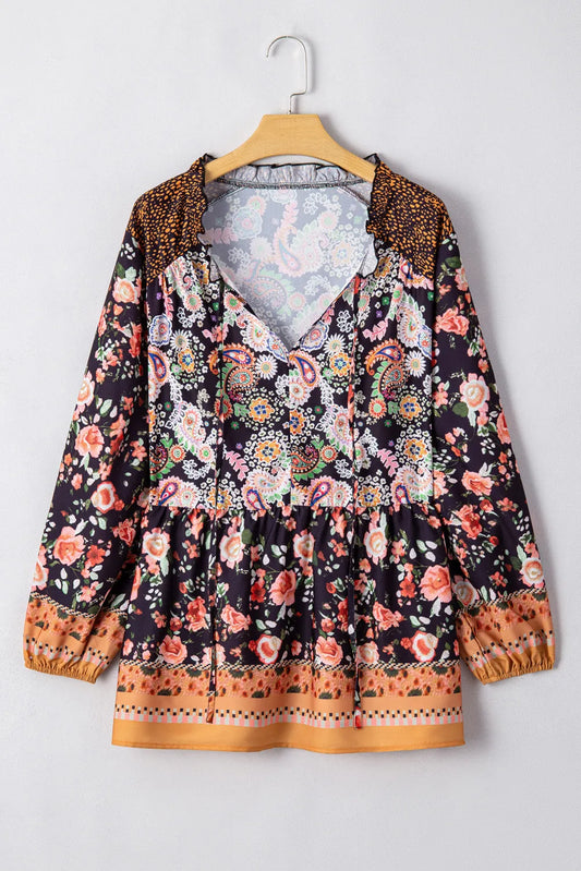 Black Plus Size Paisley Floral Print V Neck Bubble Sleeve Blouse - Chic Meadow Boutique 