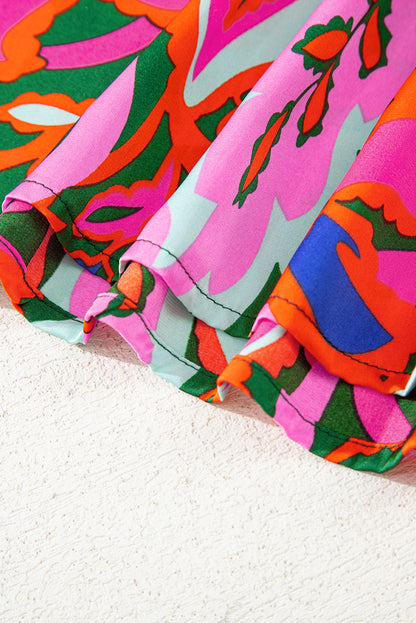 Rose Summer Plant Print Lace up V Neck Short Sleeve Blouse