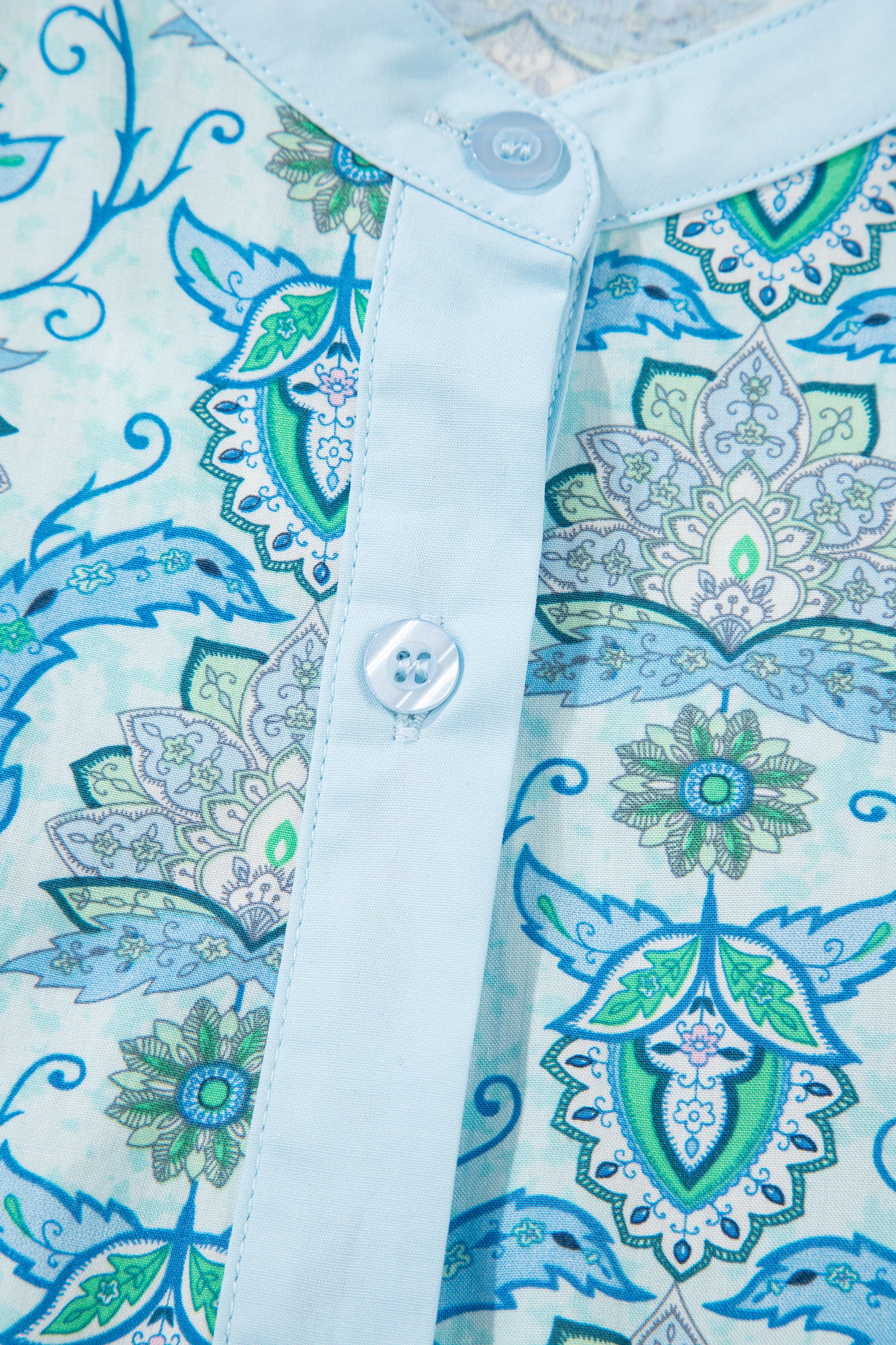 Sky Blue Paisley Print Puff Sleeve Loose Shirt