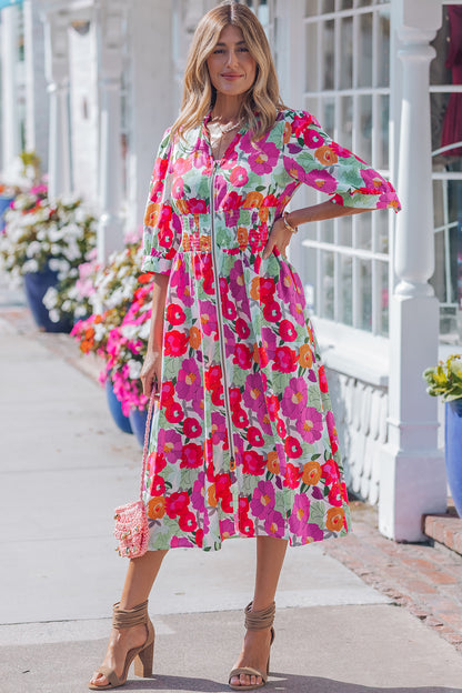 Rose Vibrant Floral Print V Neck Zip Up Puffy Half Sleeve Dress