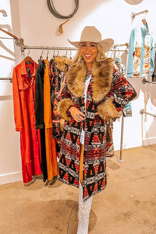 Burgundy Aztec W Fur Collar & Sleeves Hem Long Coat