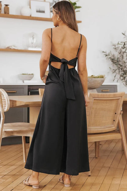 Black Spaghetti Straps Backless Knot Wide-Leg Jumpsuit - Chic Meadow Boutique 