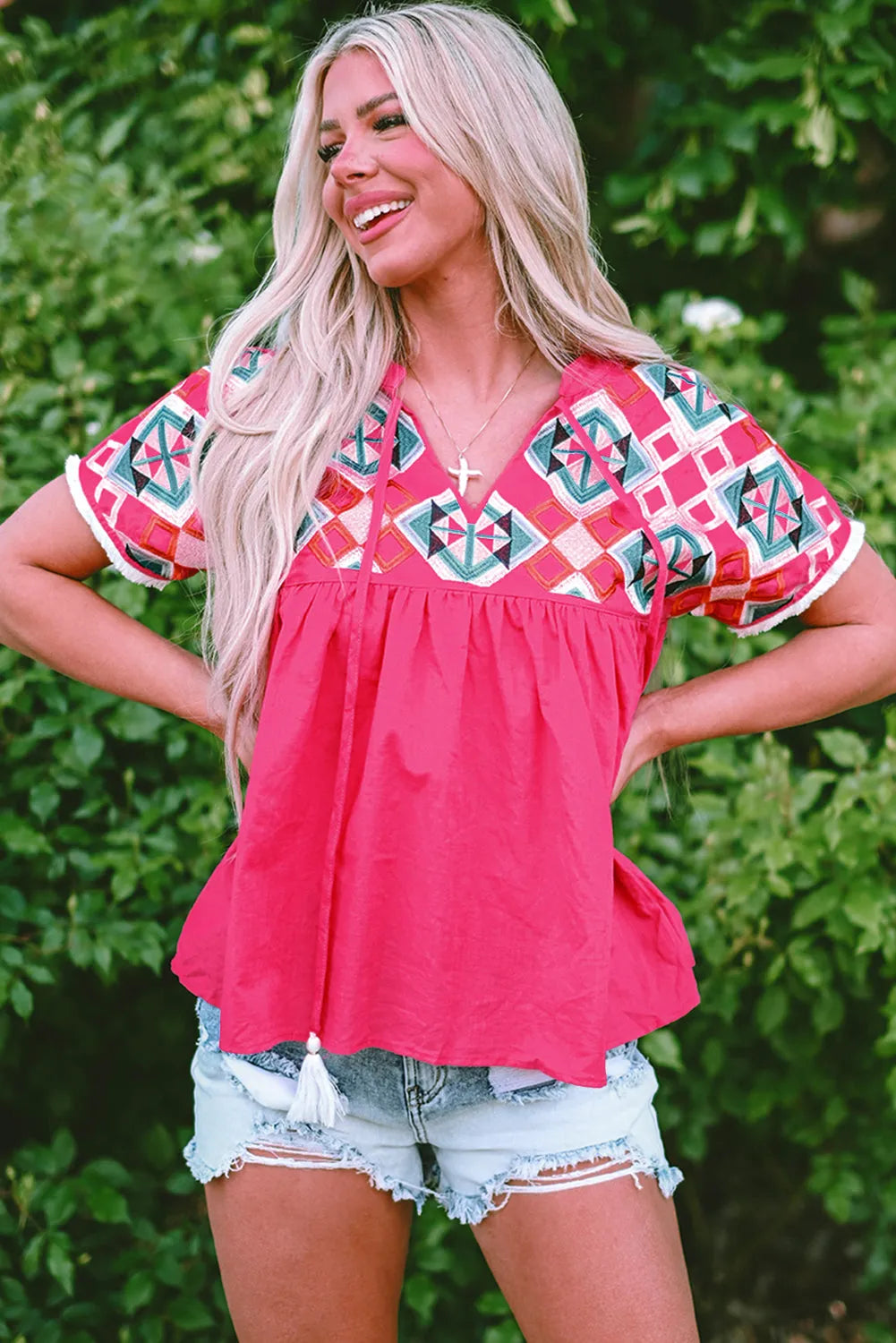 Strawberry Pink Geometric Embroidered Tassel Tie V Neck Blouse - Chic Meadow Boutique 