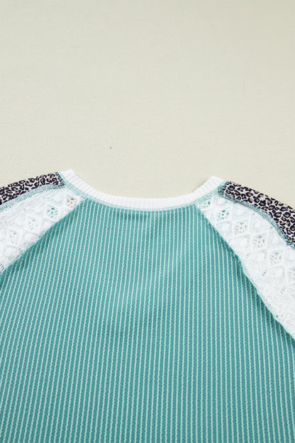 Green Bay Color Block Lace Leopard Patchwork Twisted Ribbed Tee
