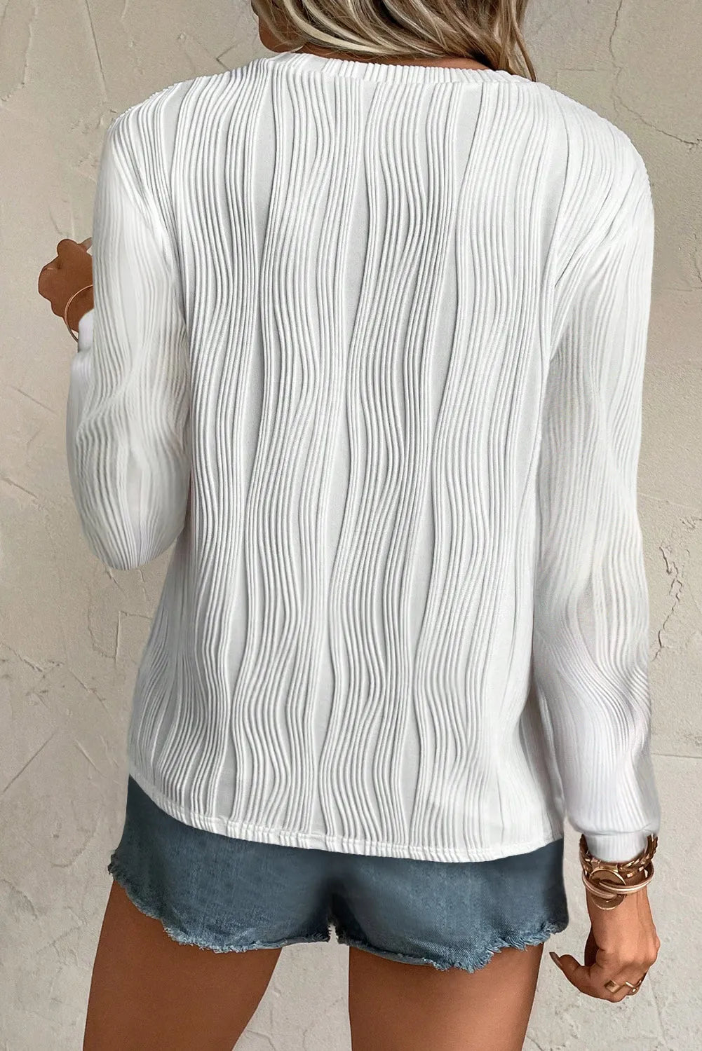 White Textured Wavy Round Neck Long Sleeve Top - Chic Meadow Boutique 