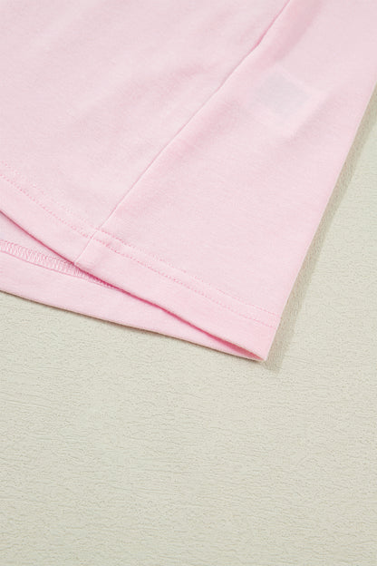 Light Pink Three Sweet Hearts Printed Sequin Trim Contrast Sleeve Patchwork Tee