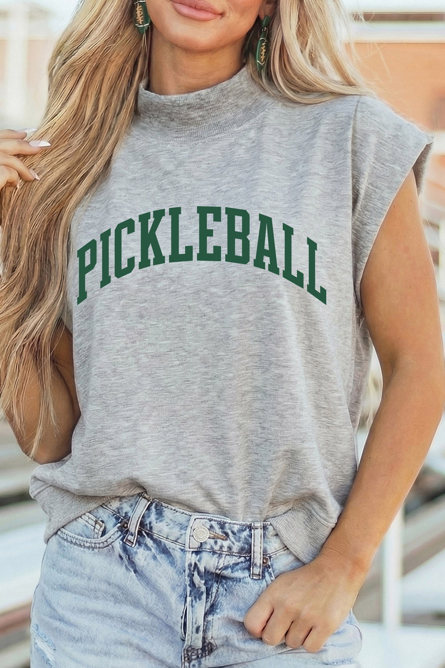Light Grey PICKLEBALL Lettering Mock Neck Short Sleeve Top