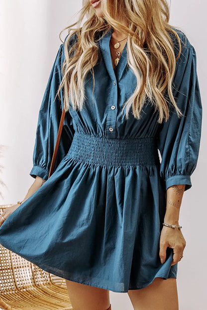 Prussian Blue 3/4 Sleeve Shirred High Waist Buttoned Mini Dress - Chic Meadow Boutique 