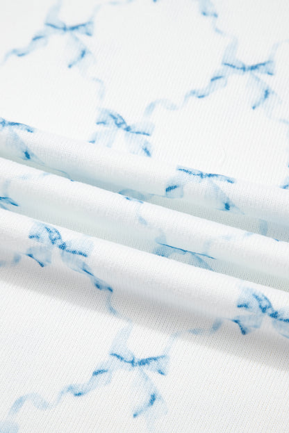 Sky Blue Bow Knot Geometric Print Lettuce Trim Two Piece Lounge Set