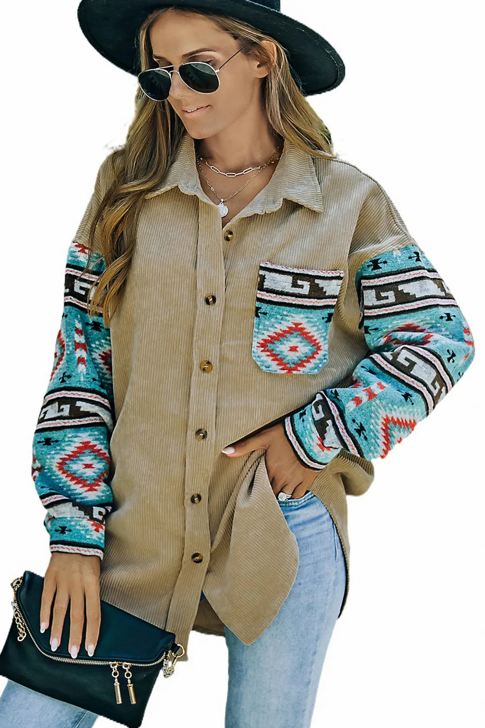 Khaki Aztec Pattern Sleeve Pocketed Corduroy Shacket - Chic Meadow Boutique 