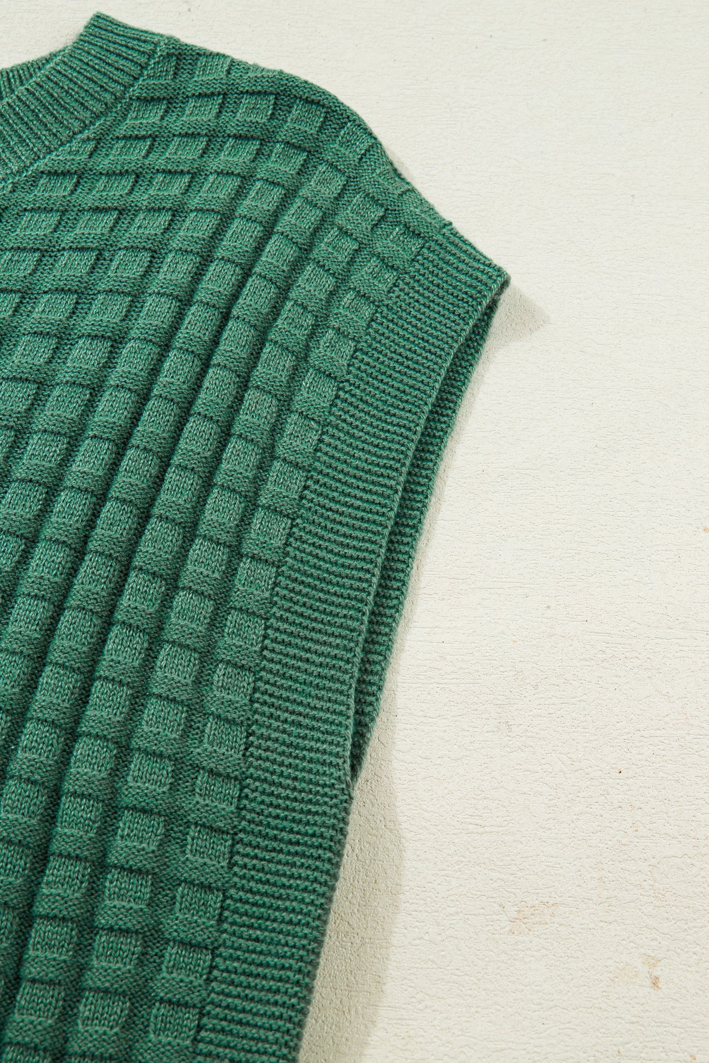 Mist Green Solid Color Round Neck Textured Short Sleeve Sweater