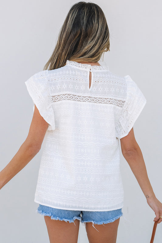 White Lace Neckline Flutter Sleeve Eyelets Blouse