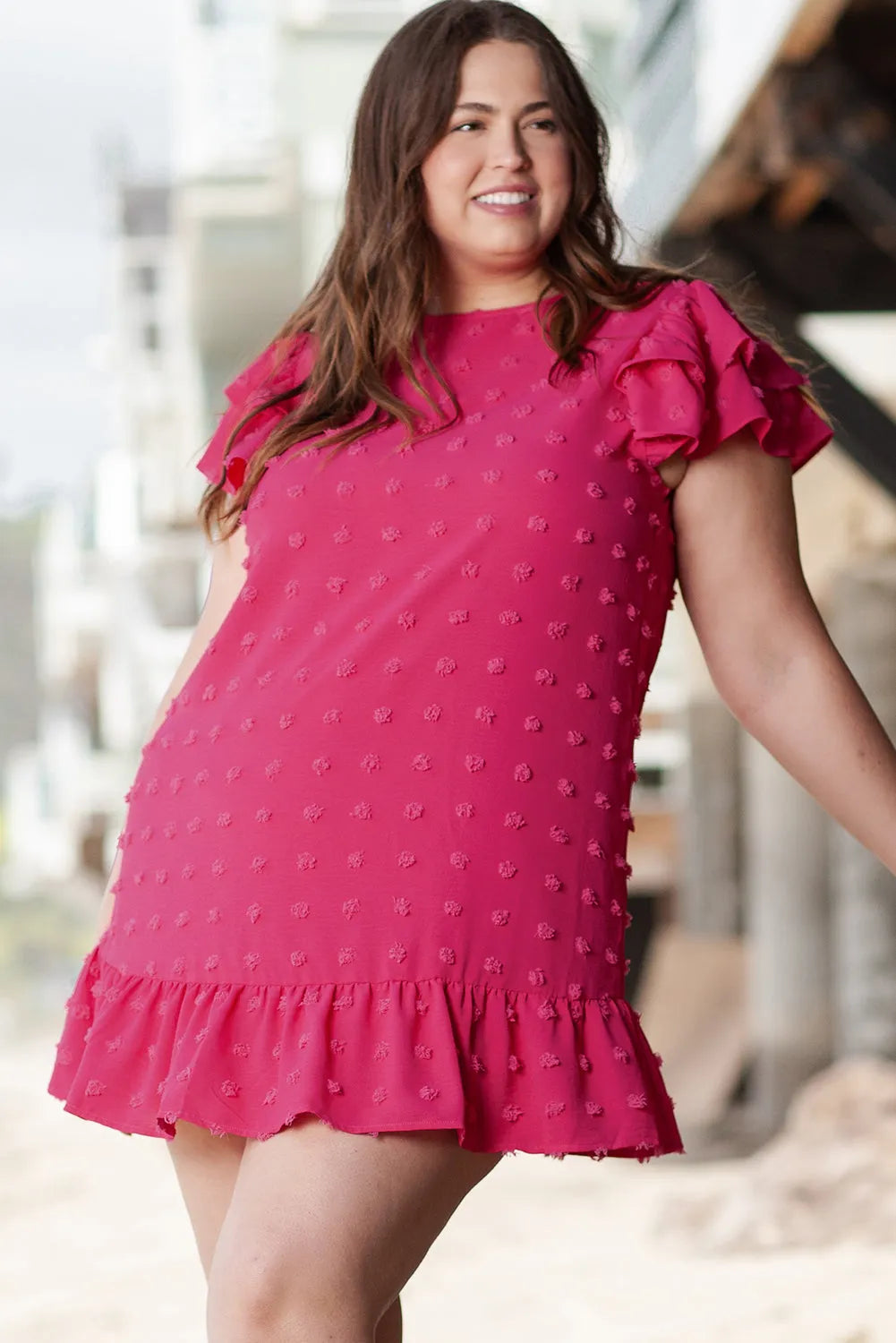 Strawberry Pink Plus Size Jacquard Short Ruffle Sleeve Mini Dress - Chic Meadow Boutique 