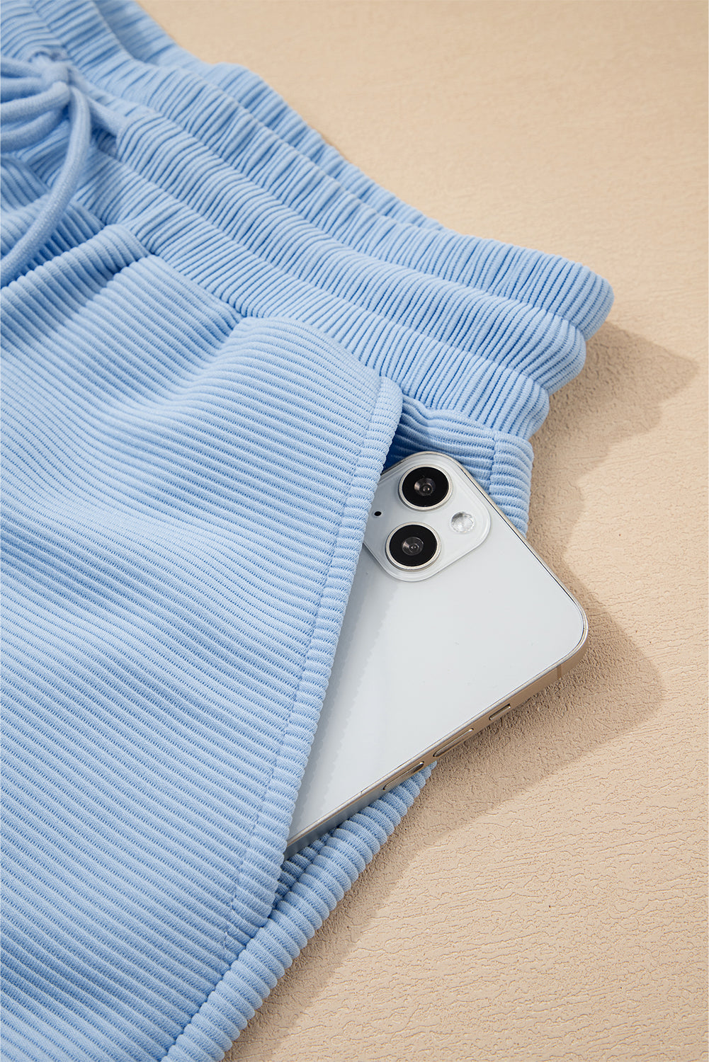 Beau Blue Textured Ruffled Sleeve Zipped Top and Wide Leg Pants Set