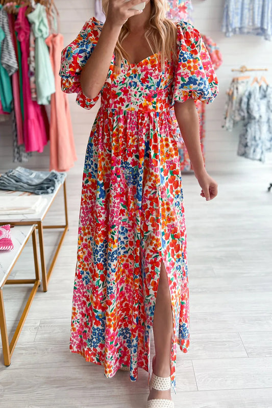 Rose Puff Sleeve Thigh High Split Floral Maxi Dress - Chic Meadow Boutique 