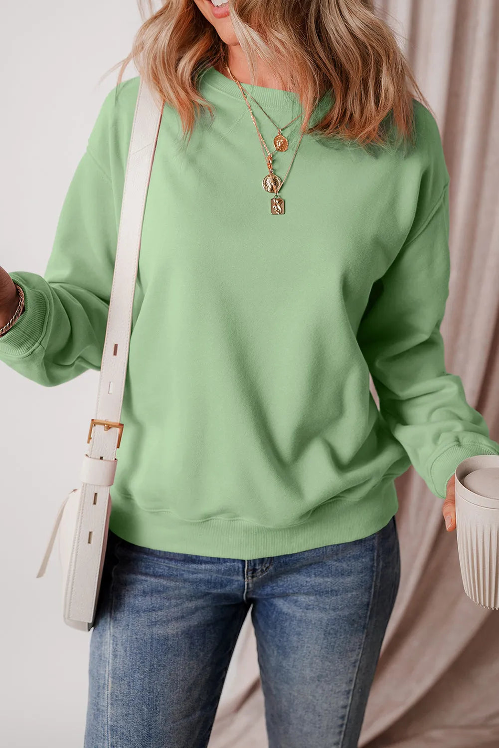 Smoke Green Solid Fleece Lined Drop Shoulder Terry Sweatshirt - Chic Meadow Boutique 