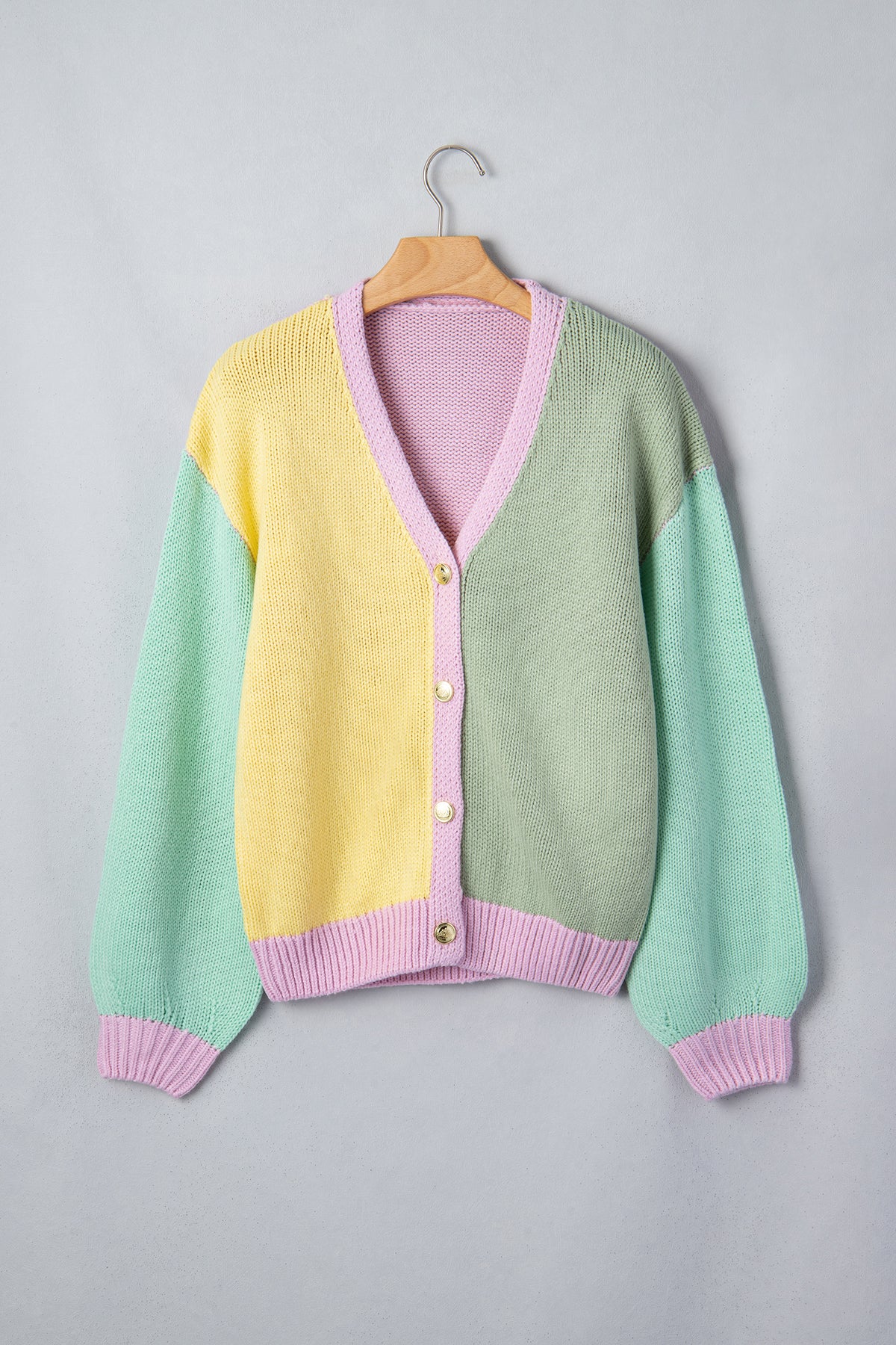Yellow V Neck Drop Shoulder Patchwork Regular Wash Knitwear Cardigan