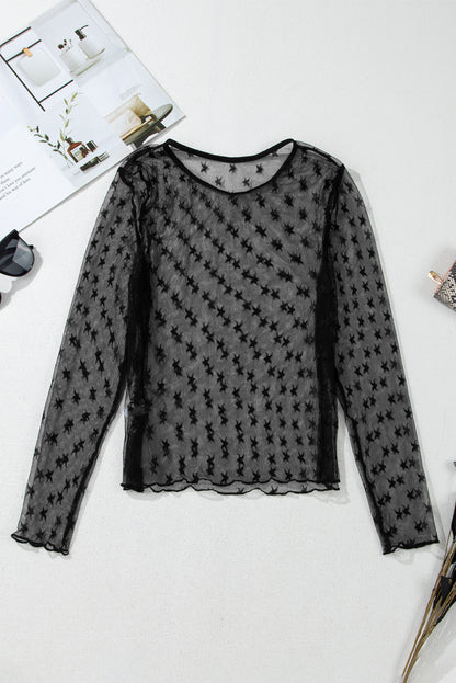 Black Star Print Mesh Sheer Slim Long Sleeve Top