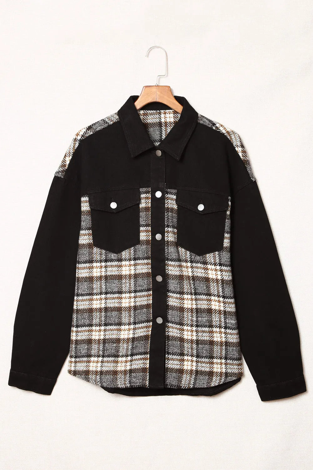 Black Plaid Patchwork Raw Hem Denim Jacket - Chic Meadow Boutique 