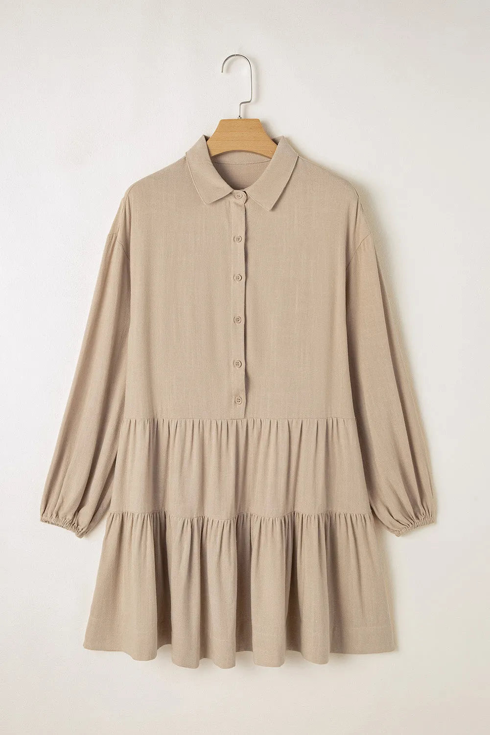 Tan Puff Sleeve Buttoned Tiered Pleated Shirt Mini Dress - Chic Meadow Boutique 