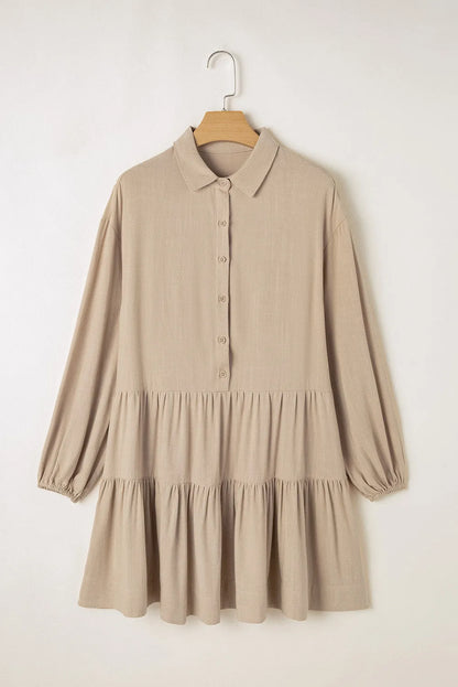 Tan Puff Sleeve Buttoned Tiered Pleated Shirt Mini Dress - Chic Meadow Boutique 