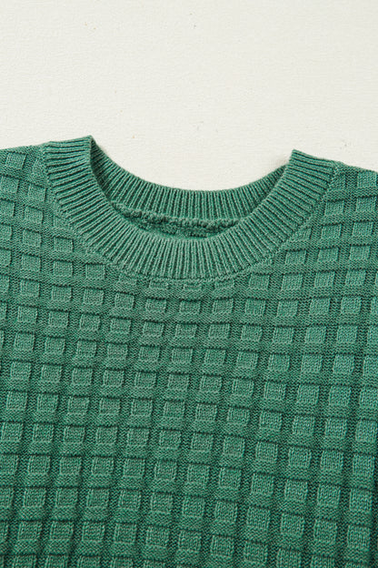 Mist Green Solid Color Round Neck Textured Short Sleeve Sweater