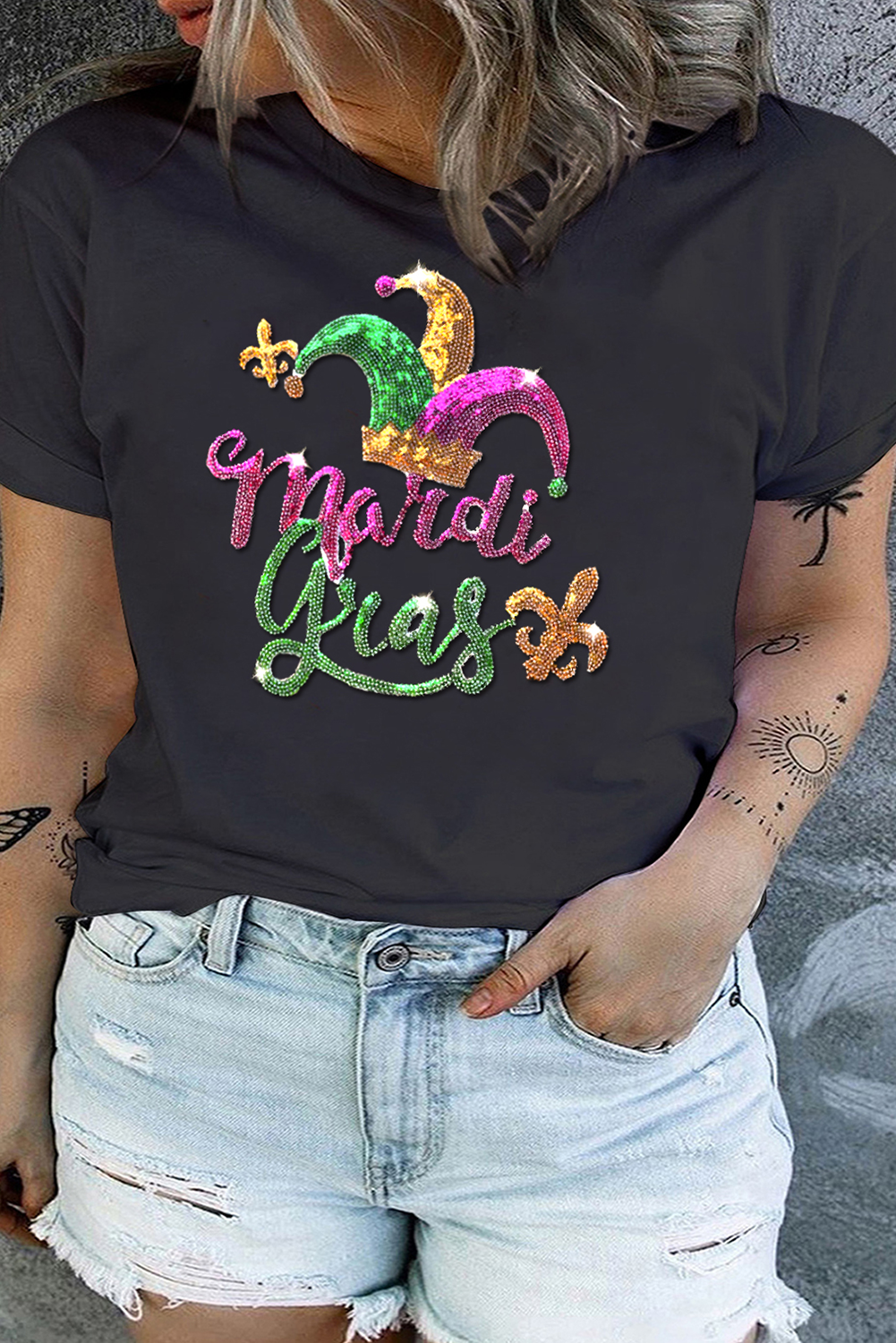 Black Shimmering Mardi Gras Graphic Plus Size T Shirt