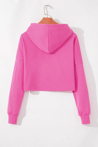 Sachet Pink Solid Drop Shoulder Drawstring Cropped Hoodie - Chic Meadow Boutique 