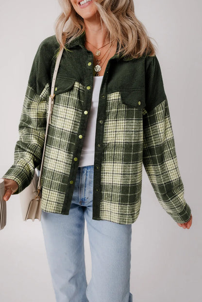 Blackish Green Snap Buttons Colorblock Plaid Shacket - Chic Meadow Boutique 