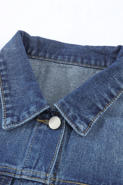 Blue Lapel Distressed Raw Hem Buttons Denim Jacket - Chic Meadow Boutique 