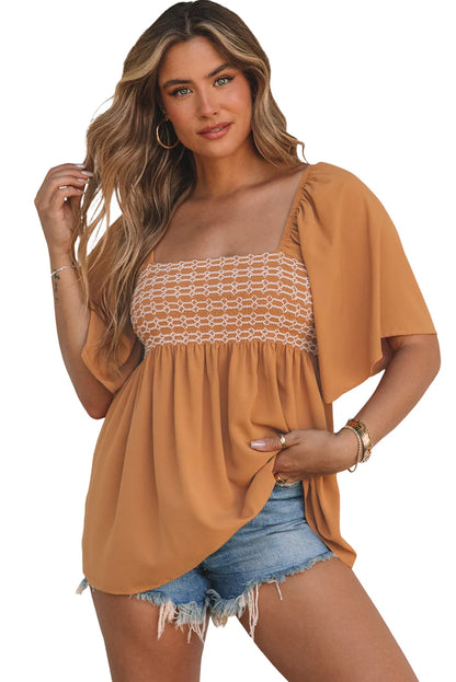 Brown Square Neck Wide Sleeves Flowy Top - Chic Meadow Boutique 