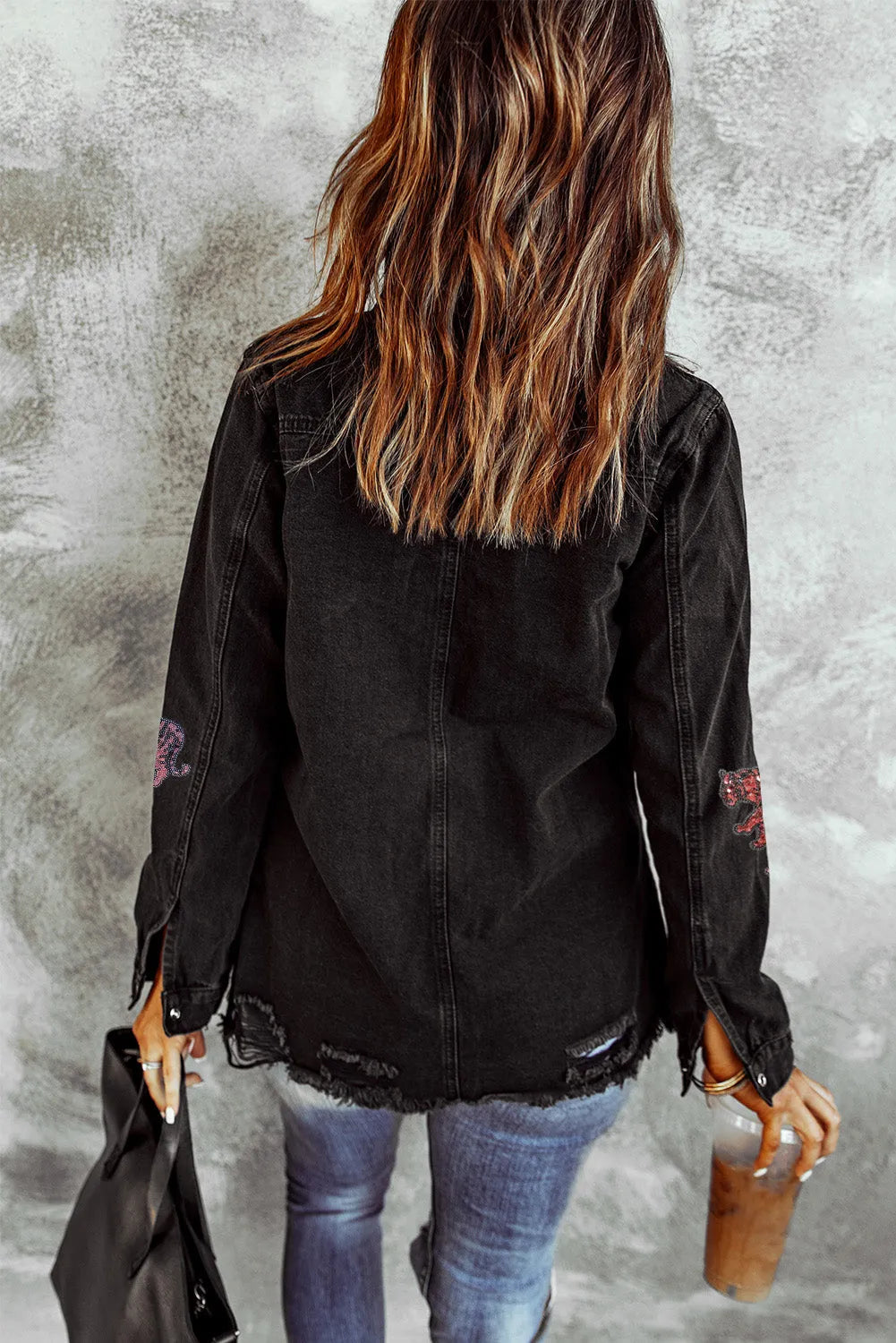 Black Sequined Tigers Graphic Raw Hem Frayed Denim Jacket - Chic Meadow Boutique 