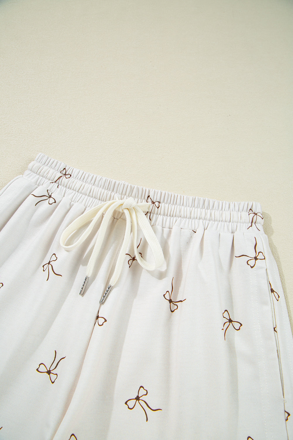 Beige Bow Print Half Zip Tank and Shorts 2pcs Set