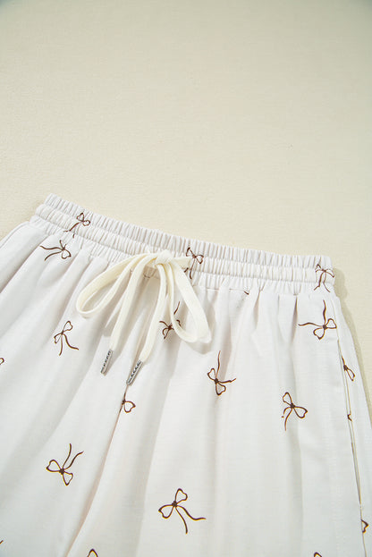 Beige Bow Print Half Zip Tank and Shorts 2pcs Set