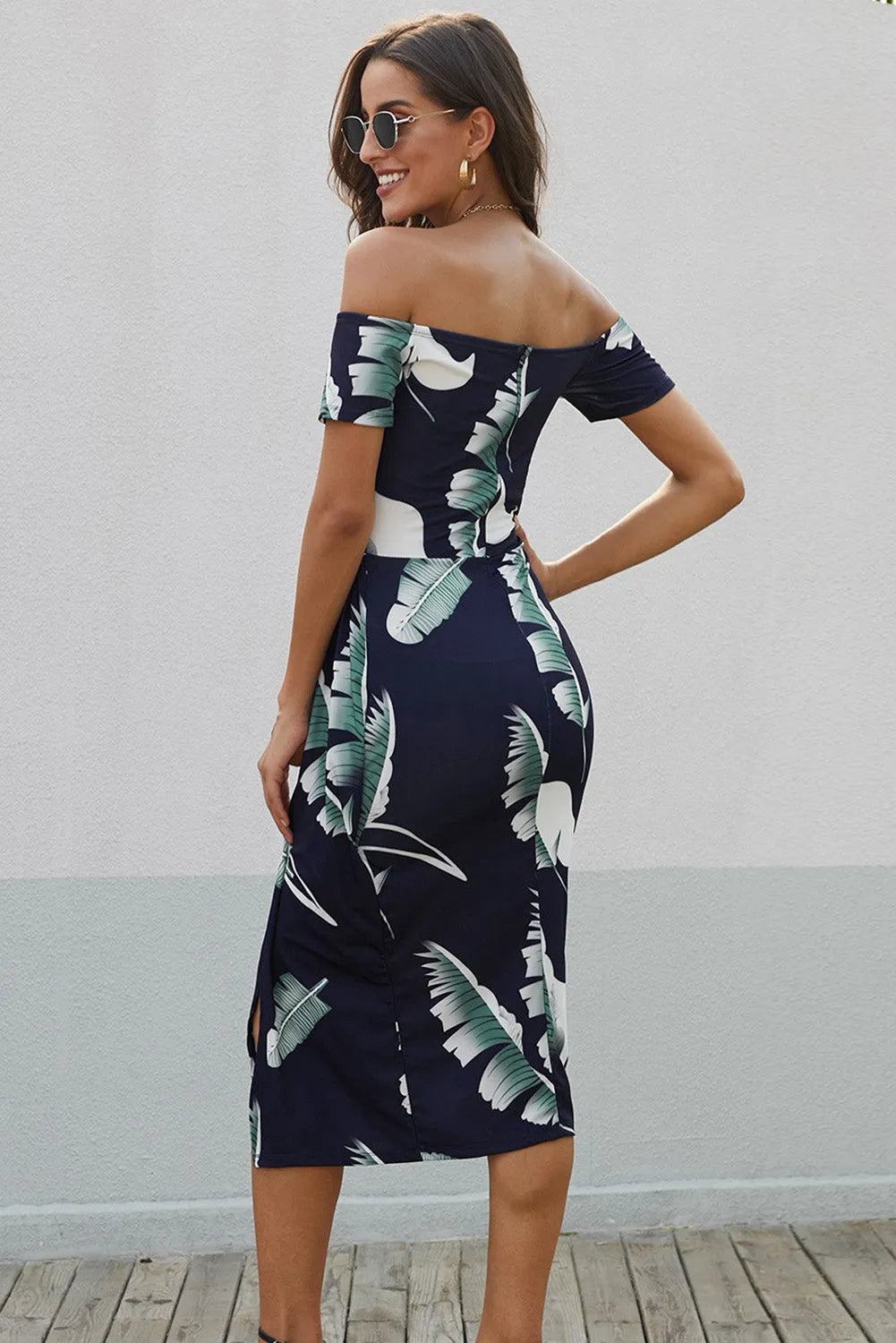 Blue Pattern Print Off Shoulder Slit Bodycon Midi Dress - Chic Meadow Boutique 