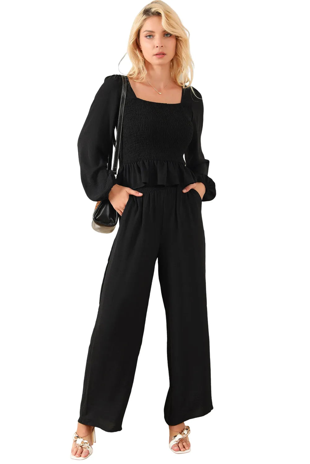 Black Square Neck Smocked Peplum Top and Pants Set - Chic Meadow Boutique 