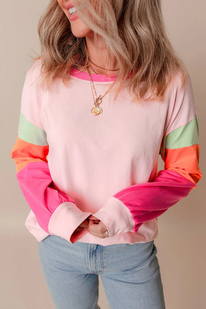 Pink Colorblock Patchwork Long Sleeve Loose Top - Chic Meadow Boutique 