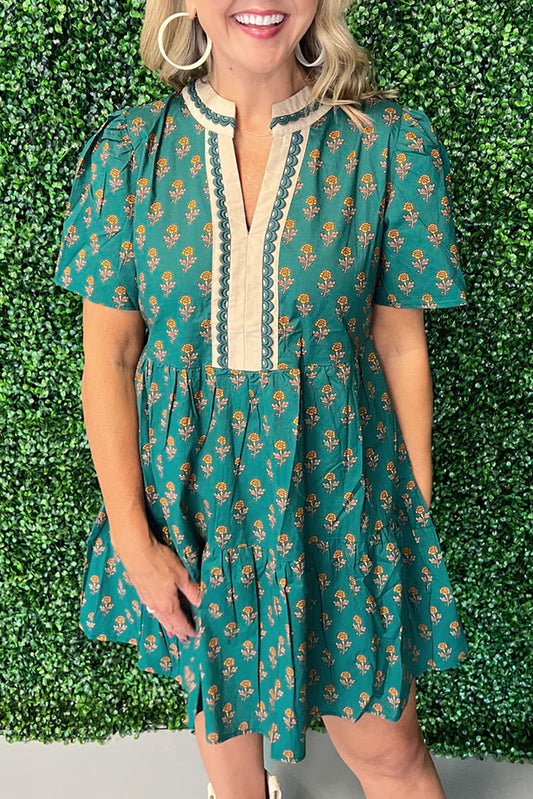 Green Contrast Trim V Neck Short Sleeve Floral Dress