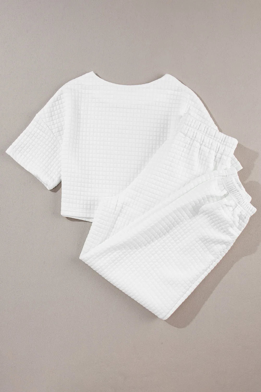 White Lattice Textured Cropped Tee and Jogger Pants Set - Chic Meadow Boutique 