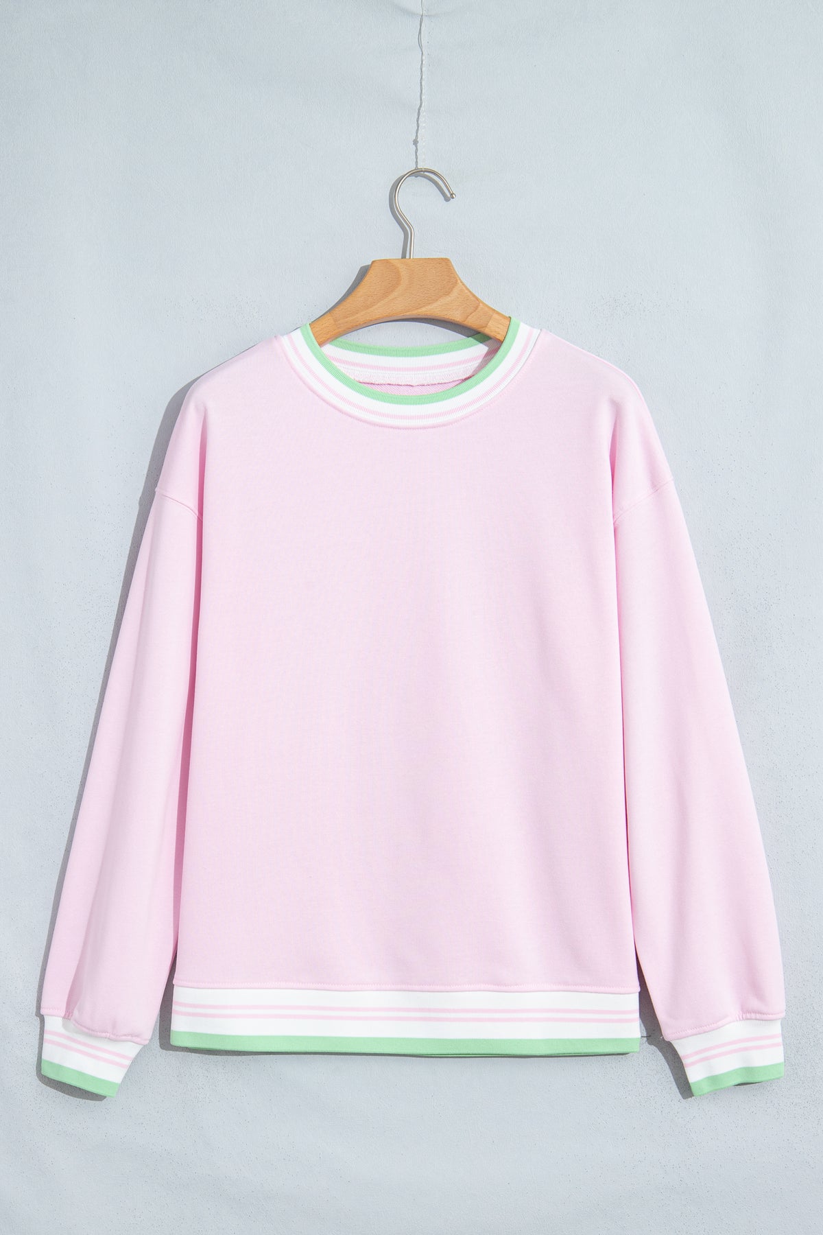 Light Pink Contrast Striped Trim Baggy Pullover Sweatshirt
