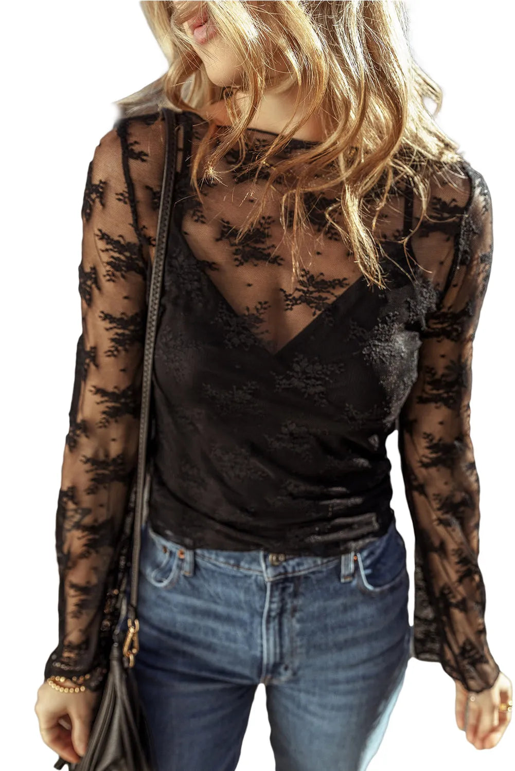 Black Lace Mesh Crochet Splicing Slim Fit Long Sleeve Blouse - Chic Meadow Boutique 